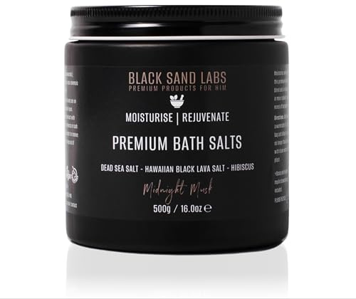 Black Sand Labs Sales de baño prémium para él, mezcla prémium de sales de lava negra hawaiana y del Mar Muerto que hidrata y rejuvenece la piel, sales de baño de lujo para hombres (Midnight Musk)