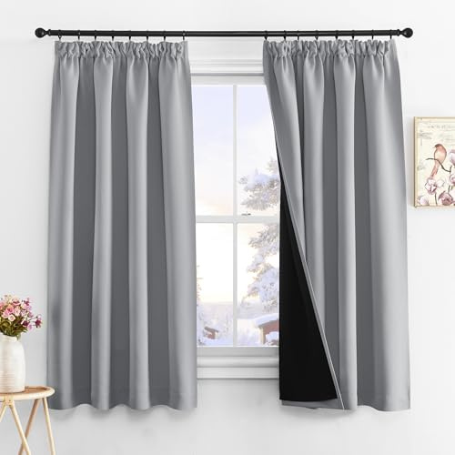 PONY DANCE 100% Blackout Pencil Pleat Curtains - Double Layered, Short Thermal Insulated Curtains & Drapes for Bedroom/Kitchen, 2x W55 X L63, Silver Grey