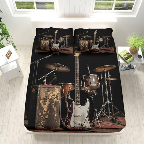 Musikinstrument-Thema, Gitarre, Schlagzeug, Schwarzer Design Spannbettlaken 140x200cm Weiche Mikrofaser Boxspringbett Bettlaken, Spannbetttuch, Rund-um Elastischem Gummizug, für Matratzen von 5-30 cm