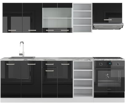 Vicco Küchenzeile R-Line, Küchenblock, Schwarz Hochglanz/Weiß, 240 cm, AP Anthrazit