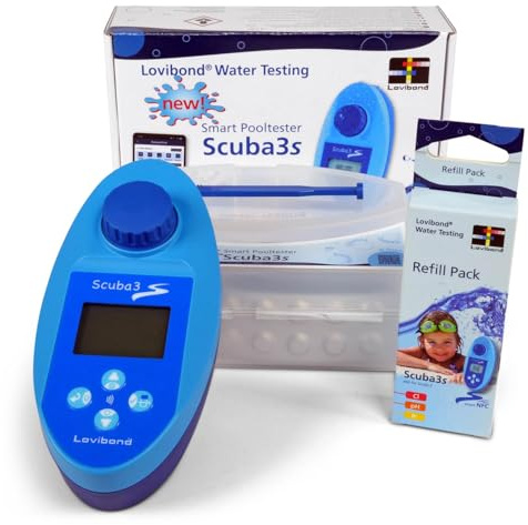 SCUBA 3s elektronischer Pooltester + Refill Pack - NFC-Datenübertragung App-Anbindung Lichtsignal-Anzeige - Misst 11 Wasserparameter - inkl. 60 Photometer-Tabletten - Made in Germany