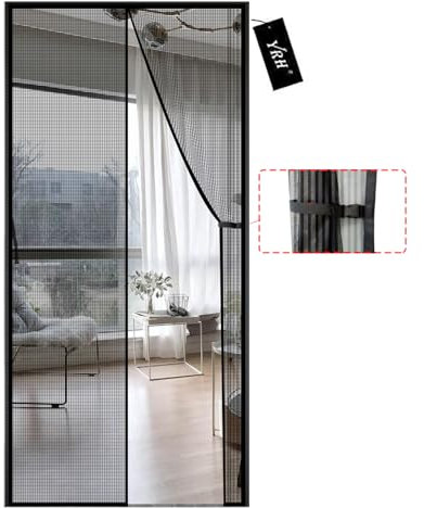 YRH Magnetic Fly Screen Door,Fiberglass Enhanced Screen Mesh,with Stay Open Buckles,Heavy Duty Self-Sealing Mesh,Powerful Magnets,No Drill Installation (90x210 cm, Black)