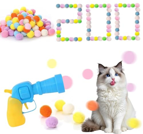 RILYSUN Jouets de Lanceur de balles pour Chats, Jouets interactifs pour Chats balles Pompon avec Lanceur et balles Pompon Douces colorées (200 balles & 1 lanceur)