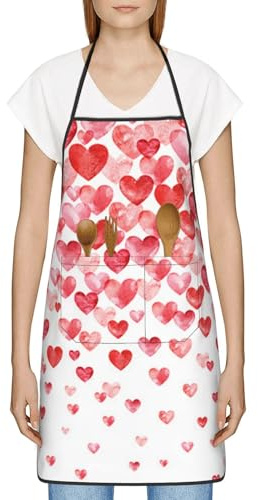DNBCLEZK Tablier de cuisine à grande poche pour homme et femme, motif cœurs rouges, tablier de cuisine réglable résistant à l'eau avec grandes poches avant pour la cuisine et le jardinage, blanc,