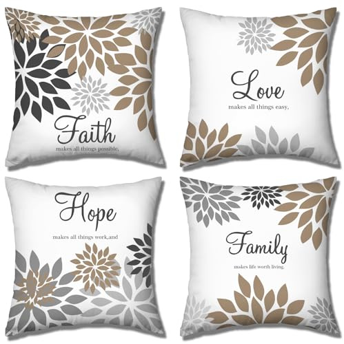 Tatuo 4 Pcs Flower Pillow Covers Square Spring Pillow Cushion Cases 18 x 18 Inch Family Faith Hope Love Words Decorative Summer Winter Cushion Case for Bed Couch Sofa Living Room(Brown Series)