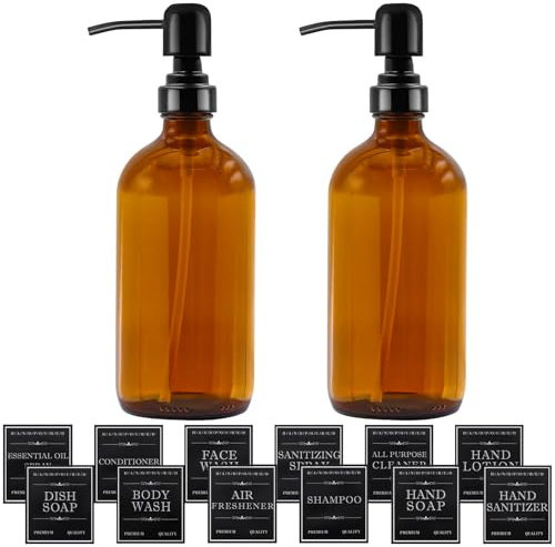 TOKSEO 2 Pièces Distributeur Savon Verre Ambre, 500 ML Distributeur de Savon, Flacon Pompe Vide avec Pompe en Acier Inoxydable et Étiquettes, Distributeur Shampoing et Gel Douche