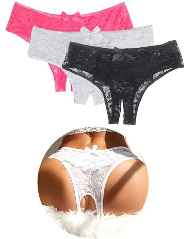 ohyeahlady Slip Donna con Buco Pizzo Brasiliana Perizoma Aperto in Pizzo Taglie Forti Tanga Aperto Elasticizzato Bikini Curvy Mutande Intimo Morbido Mutandine a Vita Bassa Underwear Multipack,M