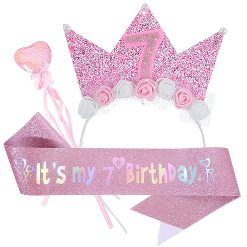 HTTDSLF Couronne d'anniversaire pour 7 ans, Couronne Scintillante, Petit Bandeau de Cheveux, Écharpe à Paillettes pour Filles de 7 ans Comme Décoration, Cadeau Anniversaire Soirée Party Fête, Rose