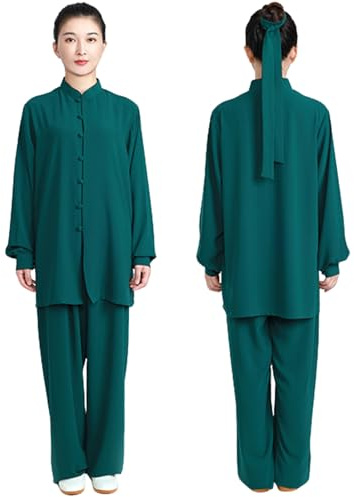 CHUIKUAJ Uniforme da Tai Chi in Seta e Lino da Donna, Abito Tradizionale per Arti Marziali, Abbigliamento Kung Fu a Maniche Lunghe per Esercizi Mattutini (Darkgreen, XXL)
