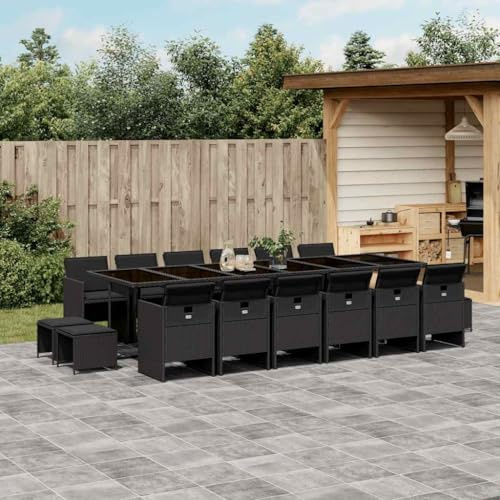 Mokuyary Grupo de comedor de jardín de 17 piezas, negro, poliratán, mesa de comedor, comedor, resistente a la intemperie, muebles de balcón para porches, patios, terrazas, material de escritorio