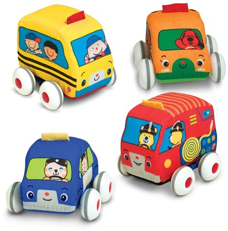 Melissa & Doug K's Kids Pull-Back Town Vehicle Set - Baby Toys Set with 4 Soft Toy Cars and Trucks, Surface Washable with Removable Wheels, Learning Toys for Babies and Toddlers