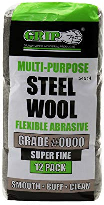 Grip Multi-Purpose Steel Wool Flexible Abrasive 12 Pack (Very Fine #0000) - Smooth Lacquer, Varnish, Shellac, Polyurethane - Buff Furniture or Woodworks to High Luster - Home, Garage, Workshop