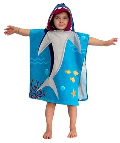 Theonoi Poncho Infantil con Capucha para niños y niñas, 100% algodón (Tiburón)