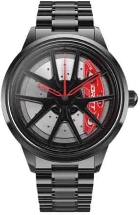 DriftElement Nitro Felgenuhr Herren – M3 Sportwagen Herrenarmbanduhr im 3D-Design aus Edelstahl – individuelle Designer-Quarzuhr mit Mineralglas (Rot)