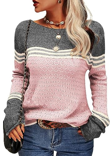 Tankaneo - Maglione da donna, a maniche lunghe, girocollo, colorblock, a righe, slim fit, lavorato a maglia, top, Colore: rosa., S
