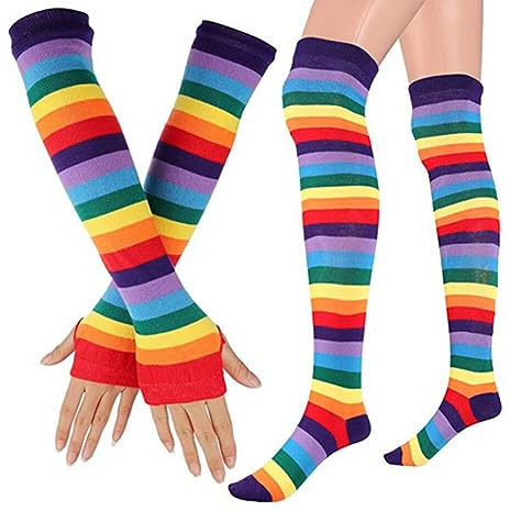 Bamboopack Rainbow Stripe Arm Warmers Knee Thigh High Socks Colorful Leg Warmers Fingerless Gloves Sleeve Set for Women Party Accessory Decoration
