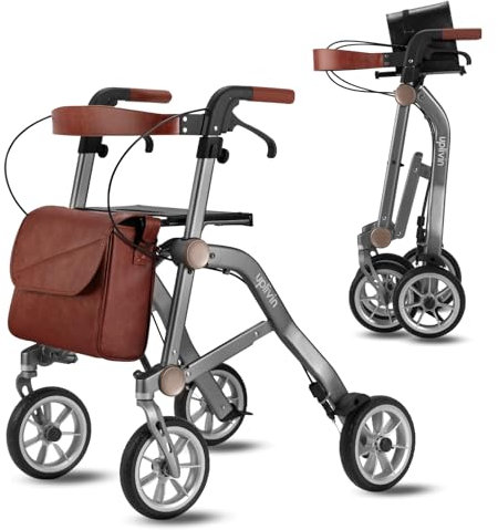 Uplivin Trive Rollator with Wider Seat - 1 Step Double Folding || 4 Wheel Rollator || Lightweight 6.5kg || Aluminum Mobility Walker || Oxidised Surface Finish for Metallic Look (Grey)