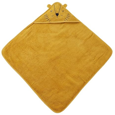 Familando Kapuzenhandtuch mit Ohren für Babys und Kleinkinder 0-4 Jahre · Frottée Handtuch für Neugeborene aus 100% Baumwolle · Motiv Löwe Gold gelb · Babybadetuch 80 x 80 cm kuschelig weich