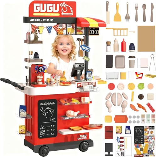 deAO 88PCS Fast Food Shop Set with Sound, Multifunctional Grocery Store Playset, Play Food Accessories, Kitchen Appliances, Cash Registers, Coffee Machine, Christmas Birthday Gift for Kids(Red)