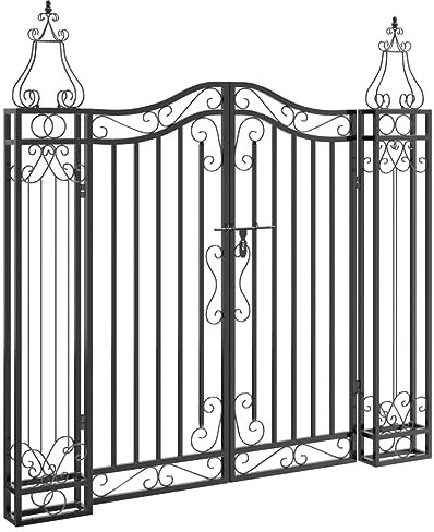 Gartentor Stabmattenzaun Gartentür Doppelflügeltor Doppeltor Hoftor Flügeltor Einfahrtstor Gartentpforte mit Pfosten und Befestigungsmaterial, Schwarz 121x8x100 cm Schmiedeeisen