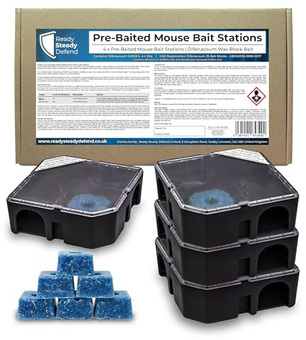 Pre-Baited Clear Mouse Control Boxes (4 x 10g), Difenacoum Bait Blocks Mouse Traps for Indoors, Ready-to-Use Indoor Mouse Bait Box, Pre-Baited Mouse Trap for Effective Mice Control