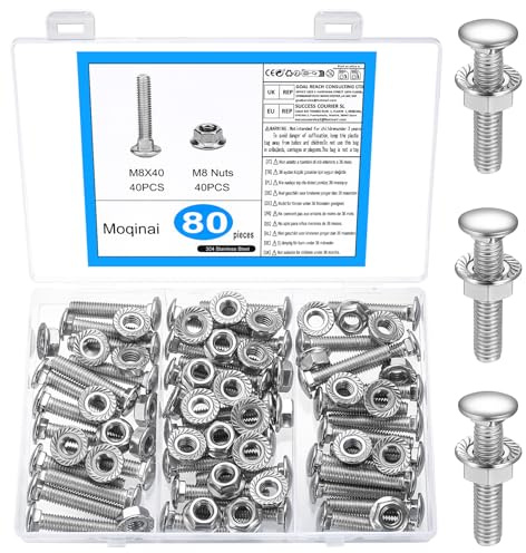 80pcs M8 x 40mm Carriage Bolts and Nuts Set, Stainless Steel Coach Bolts with Hex Flange Nuts, Round Head Square Neck Bolts for Wood, Metal, Fence and Gate Fittings