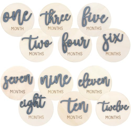 PEOVLVN Tarjetas de hitos de madera para bebé, 6 unidades, 1 – 12 meses, tarjetas mensuales de madera, perfectas para tarjetas de hitos, embarazo y bebés, ideal para padres y futuras madres (azul)