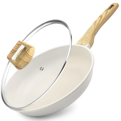 GiPP Poêle Anti Adhesive Granit 30cm avec Couvercle, Compatible Tous Feux | Manche Restant Froid, Lavable au Lave-Vaisselle, Réussissez vos Oeufs au Plat & Steaks Saignants, sans PFAS ni PFOA, Blanc