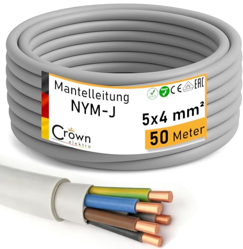 NYM-J Kabel 5x4mm² - 50m Mantelleitung | Feuchtraumkabel für 300V/500V | Elektrokabel 5-Adrig mit PVC Mantel | Stromkabel für Elektroinstallation in Hellgrau