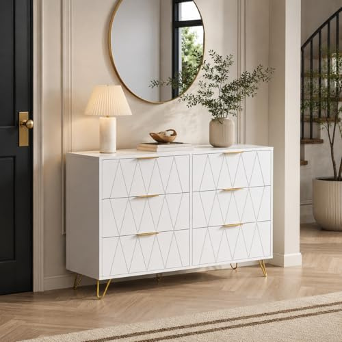 HYNHXBP Commode 6 Tiroirs Blanche, Meuble de Rangement 100 x 34 x 72,5 cm avec Poignées Dorées et Pieds Métalliques, Commode Moderne Design Géométrique pour Chambre, Salon, Entrée, Bureau