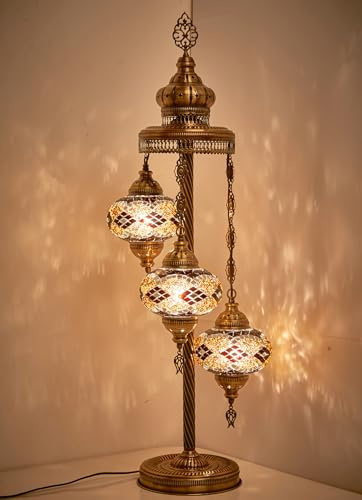 DEMMEX Turkish Moroccan Mosaic Floor & Table Lamp – Handmade Boho Tiffany-Style Light with 3 Large 7 Globes, Artisan Decor, 37 (95cm) Tall, Antique Brass Finish, North American Use (Brown-Black)