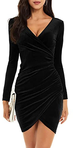 Niwicee Womens Dress Velvet Ruched Bodycon Dress V Neck Long Sleeve Wrap Dresses Mini Prom Dress Ladies Elegant Evening Dress Cocktail Party Midi Dresses(Black,M)