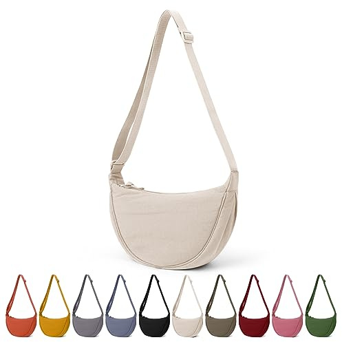 TIAASTAP Crossbody Bags for Women Men Hobos & Shoulder Bags Nylon Crescent Bag Cross Body Bag with Adjustable Strap Solid Color Dumpling Bag for Travel Work School (Beige)