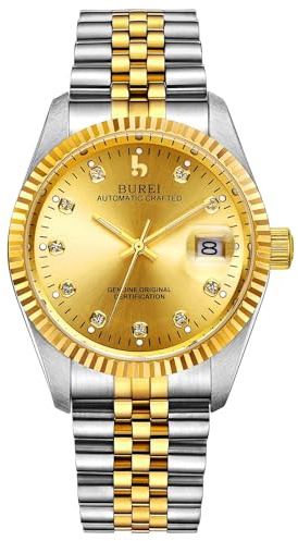 BUREI 38mm Automatik Uhr Herren Luxus Diamant Armbanduhr für Männer Mit Saphirglas Datumskalender (Gold Silber)