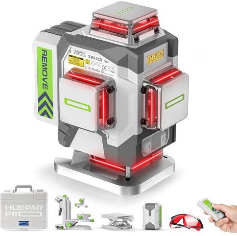 Huepar Pro Laser Level 4 * 360 Self Leveling Red Lazer Leveler ZK04CG | ±2mm Accuracy, Remote Control, High-brightness, 8‑hour Battery, USB‑C Charging, Multi‑use Magnetic Stand, Sturdy Carry Case