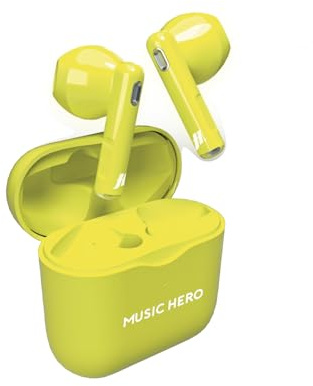 Music Hero cuffiette auricolari wireless, colorazione fluo, tecnologia True Wireless Stereo (TWS), custodia di ricarica da 180 mAh, controlli touch, microfono integrato, semi in-ear, giallo