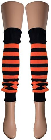 Leg Warmers, Over 30 Styles, 60cm Length, Neon, Striped, Glittery, Plain, Eco-Packaging, Made in the UK (Striped, Neon Orange & Black Stripes)