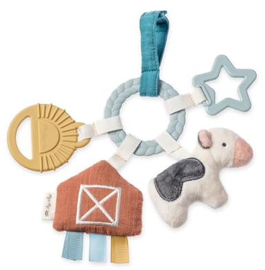 Itzy Ritzy Teething Activity Toy - Bitzy Busy Ring Infant Teething Toy Features Braided Ring & Dangling Toys, Includes Teether, Textured Ribbons, Crinkle Sound & Jingle Bell - 0 Months & Up (Farm)