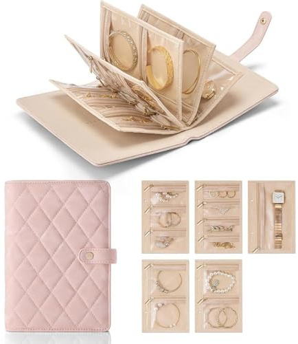 Organizer per gioielli, organizer da viaggio, libro pieghevole per gioielli, borsa a libro, raccoglitore per gioielli, per collane, orecchini, bracciali, anelli, spille (rosa)