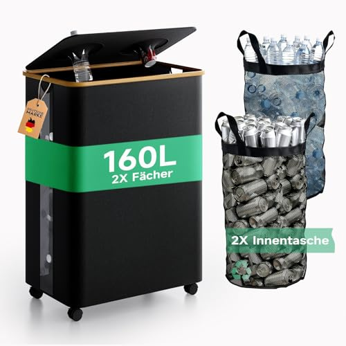 RMAN 160L Pattumiera Differenziata, Bidoni Differenziata da Interno con Coperchio e 2 Sacchetti di Raccolta Differenziata Esterno per Bottiglia di Plastica, Lattine, Carta, Capacità Elevata, Nero