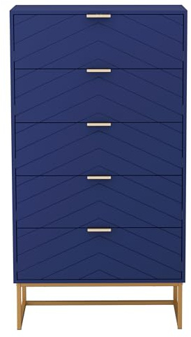 UEV Commode met 5 laden van hout met kantelbeveiliging, metalen voet, smal, dressoir voor woonkamer, slaapkamer, hal, 60 x 34 x 110 cm, donkerblauw
