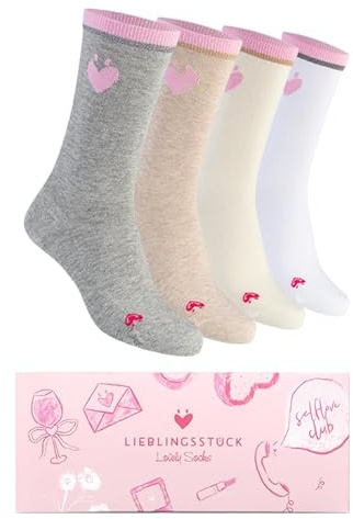 Lieblingsstück Lovely Socks – Damen Socken – Regular – 4 Paar – Crew – Geschenkbox – Baumwolle – bequeme Strümpfe – Glitzerbund – Herz-Motiv – Weiß, Creme, Beige, Grau (39-42)