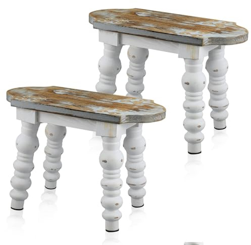 Reallnaive 2 Pack Wooden Bathroom Foot Stool Vintage Farmhouse Style Decorative Wooden Stool Stand Small Plant Stools for Adults Kitchen Bedroom Nightstand or Living Room Accent Table