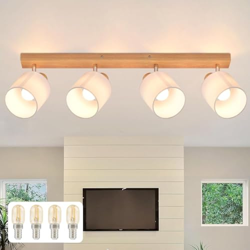 Glitzerlife Deckenstrahler 4 Flammig Deckenlampe Wohnzimmer - Holz Deckenleuchte Modern Deckenspot E14 Schwenkbar 350° MAX.25W küchenlampe Stoffschrim für Schlafzimmer Küche Flur