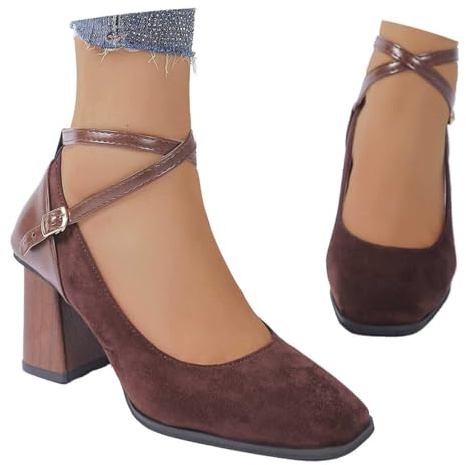 Zapatos De Tacón De Bloque Para Mujer, Elegantes Y Vintage Con Tiras Cruzadas Cómodos Y Cerrados Ideales Para Bodas Y Baile Con Plataforma,Marrón,38 EU