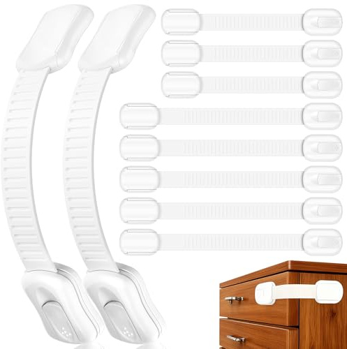 10 Stück Kindersicherung Schrank, Türsicherung Kinder mit Adhesive ohne Bohren, Schranksicherung Baby Verstellbar Länge, Kinder Sicherheit Schloss für Schublade, Schranktür, Tür, Kühlschrank, schränke