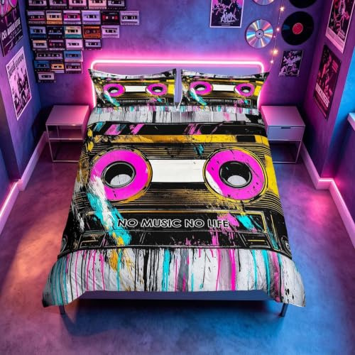 Homemissing Vintage Graffiti Street Art Duvet Cover Set King Size For Kids Boys Girls Teens Retro Cassette Tape Bedding Set Music Theme Duvet Cover with 2 Pillowcases Soft Breathable Bedding