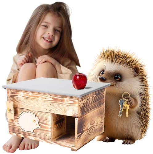 ECODECO Igelhaus Winterfest mit Boden Katzensicher - Igelhäuser zum Überwintern - Igelhotel mit Labyrintheingang - Abgeflammtes Holz, HxBxT: 32 x 44 x 14 cm