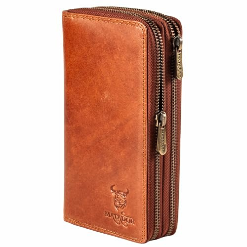 MATADOR Portafoglio da donna in pelle #Madrid, con elegante scatola regalo, elegante portafoglio con blocco RFID, portafoglio da donna di lusso, molti scomparti per carte di credito, Braun Konjak