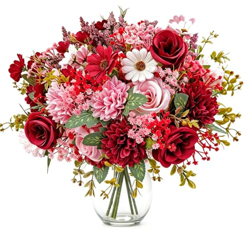 22pcs Artificial Red Roses Peonies Flowers Faux Burgundy Flowers Bouquet